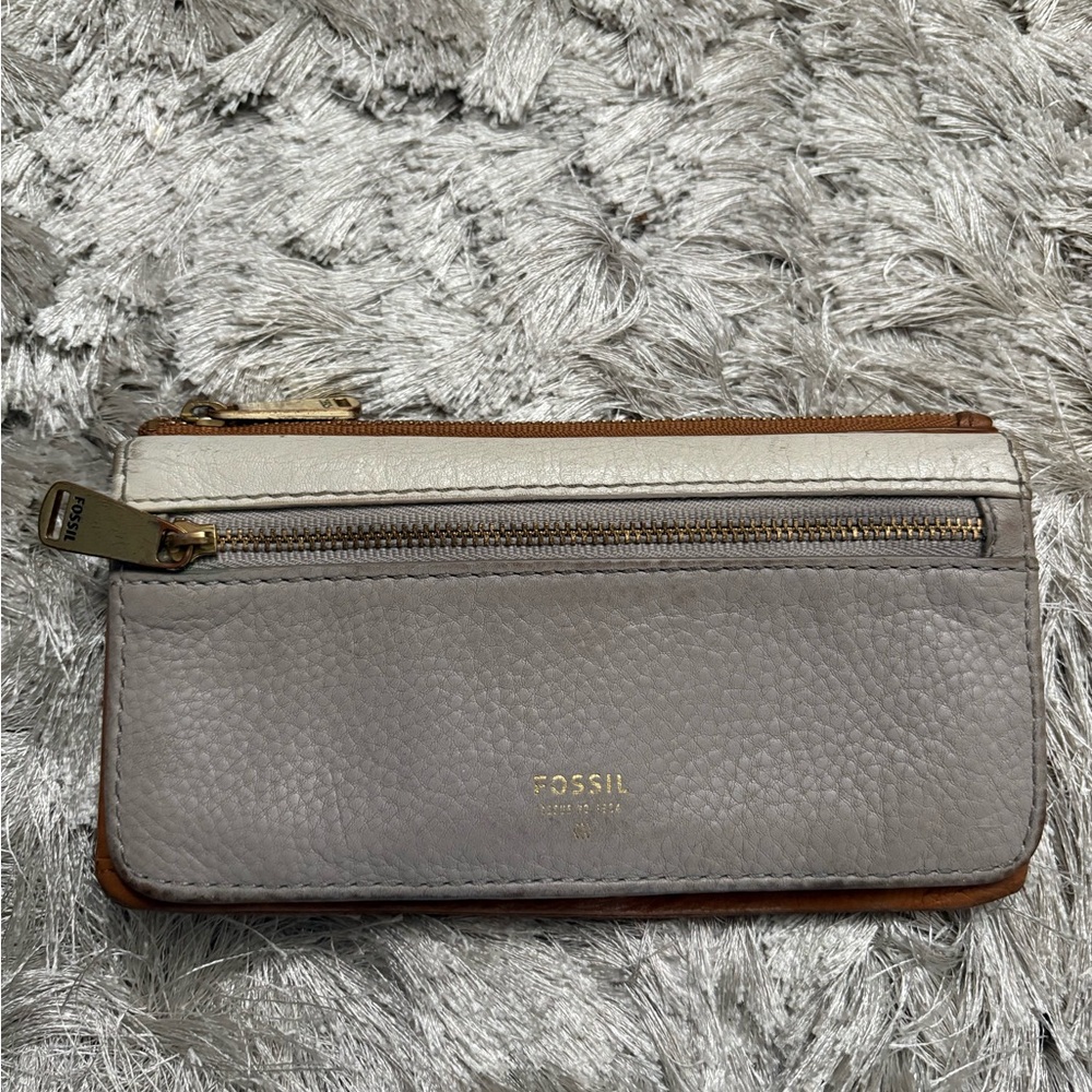 Fossil Gray and Brown Leather Wallet with Pebbled Texture